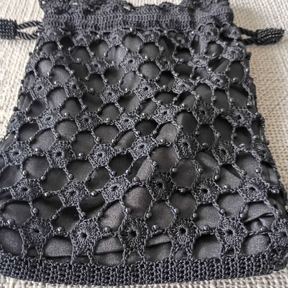 Knitted Lace Black Drawstring Pouch with beads Small Evening Purse Elegant | NEW - Picture 4 of 7